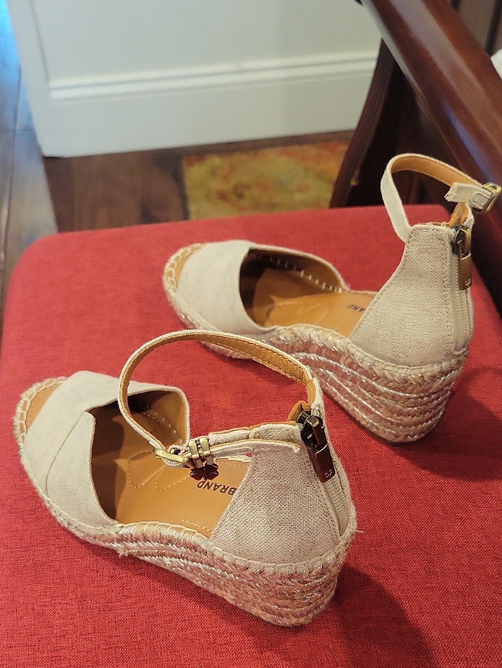 Wedge Espadrille Sandals in Light Beige with Ankle Strap